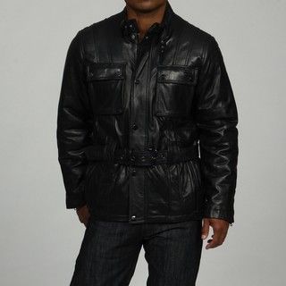 Sean John Mens Black Belted Leather Coat FINAL SALE