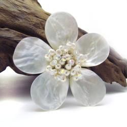 White Plumeria Mother of Pearl Freshwater Pearl Floral Pin Brooch
